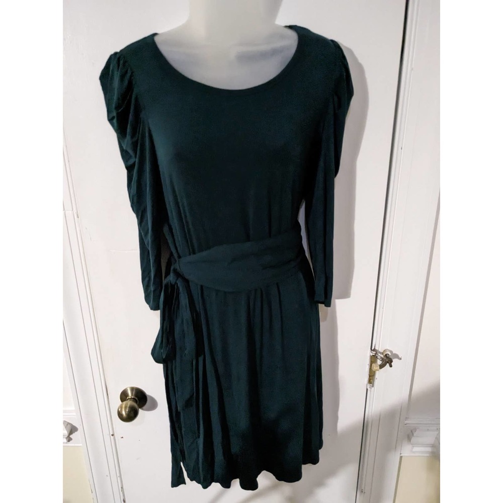 Maeve Anthropologie Hunter Green puff sleeve belted midi dress